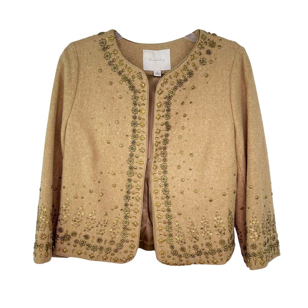 Vocabulary Tan Embellished Wool Blend 3/4 Sleeve Blazer Jacket Women's Sz 4
